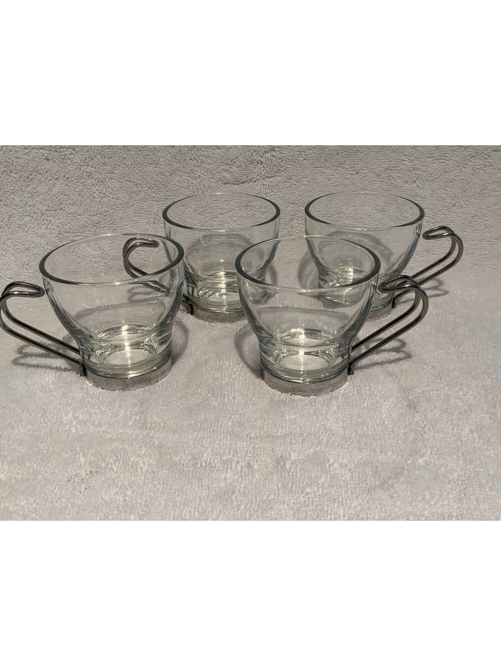 Set Of 4 Italian Bormioli Rocco Tempered Glass Espresso Cups w/Stainless Handles